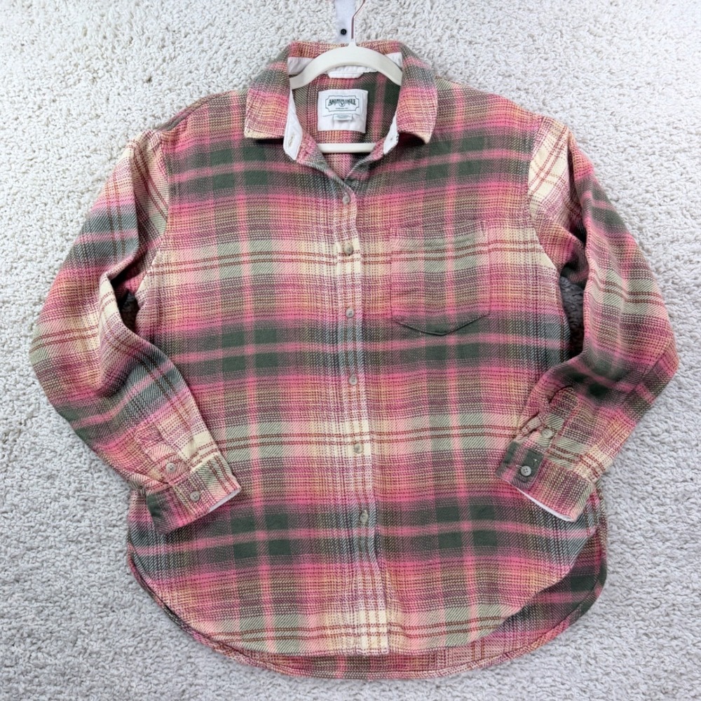 American Eagle Flannel Shirt Womens XS Pink Green Plaid Cotton Button Down Top